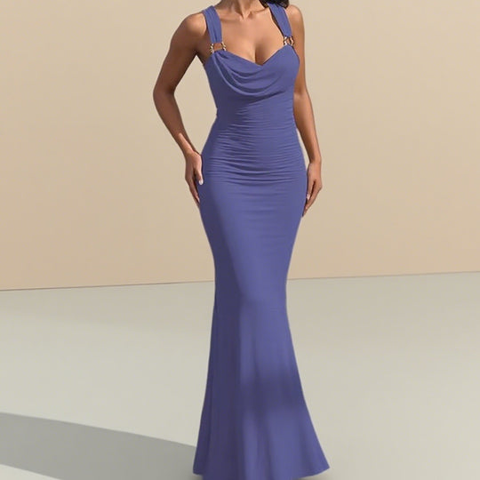 Damen Elegantes figurbetontes Abendkleid mit drapiertem Oberteil und goldenen Trägern R&B
