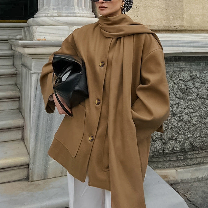 Damen modische Oversized-Jacke mit Schal und praktischen Taschen R&B