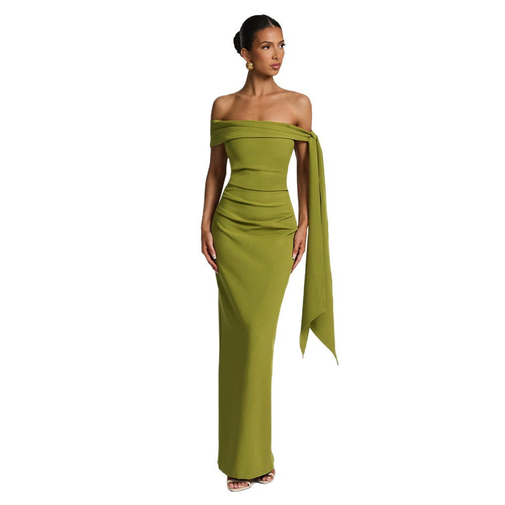 Damen Elegantes Maxikleid mit schulterfreiem Design und raffiniertem Drapierungselement R&B
