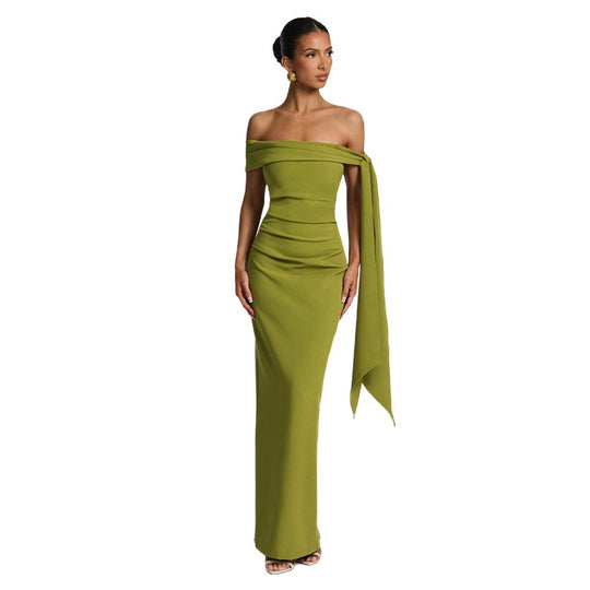 Damen Elegantes Maxikleid mit schulterfreiem Design und raffiniertem Drapierungselement R&B