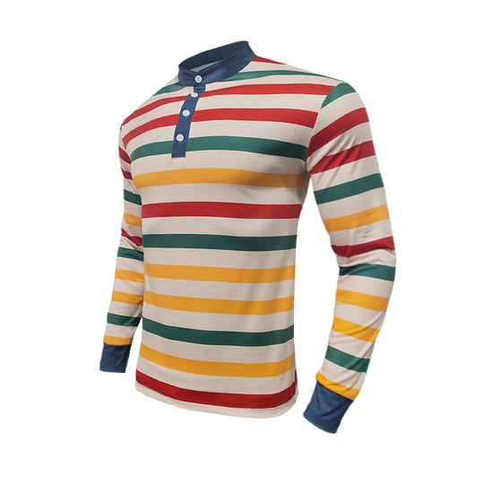 Herren nan gestreiftes Langarm-Henleyshirt mit Stehkragen und Knopfleiste R&B