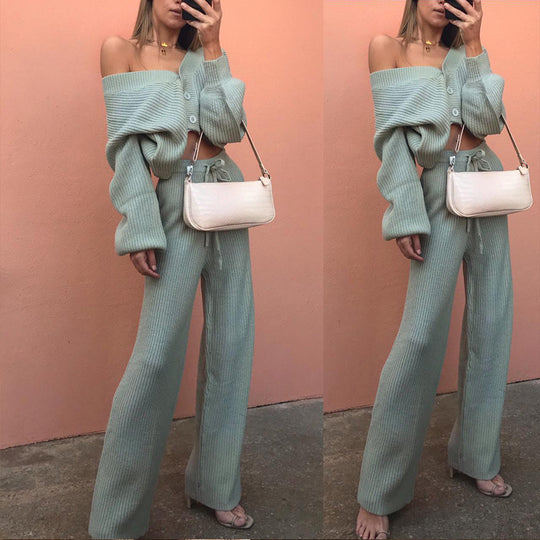 Damen Angesagtes Strick-Loungewear-Set mit modischen Knöpfen und Kordelzug R&B