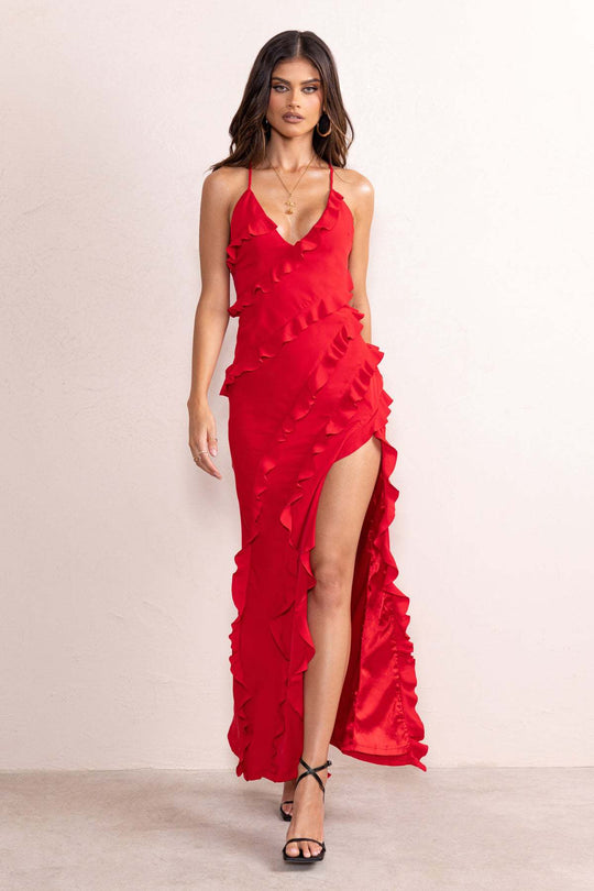 Damen Maxikleid mit voluminösen Rüschendetails und elegantem Beinschlitz R&B