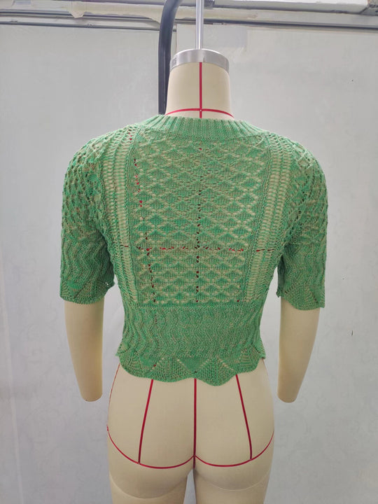 Damen Print Strickoberteil mit luftiger Netzstruktur und modischem Crop-Schnitt R&B
