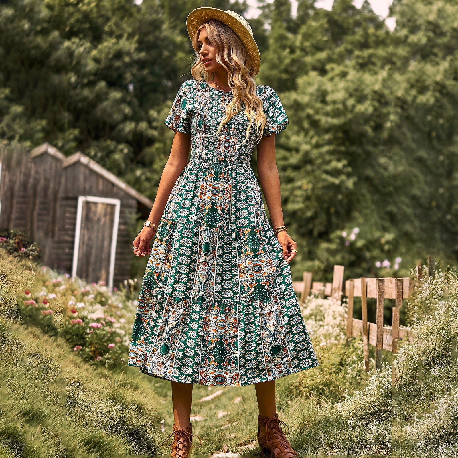 Damen Maxikleid mit floralem Muster und elastischem Tailleneinsatz R&B