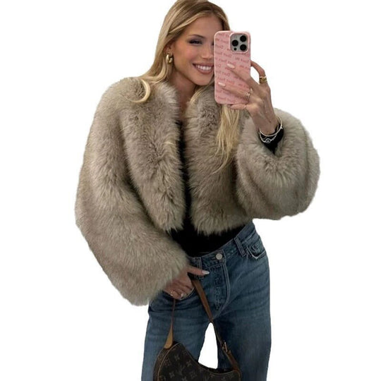 Damen luxuriöse Plüschjacke mit V-Ausschnitt R&B