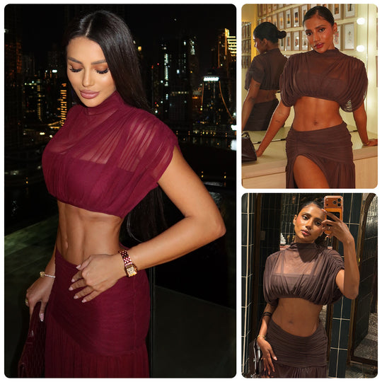 Damen Crop-Top und Maxi-Rock Set mit transparenten Elementen R&B