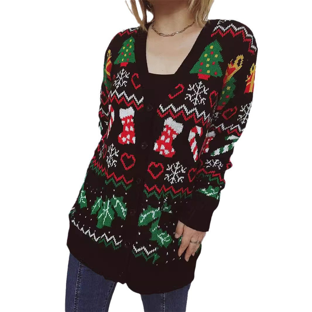Damen Weihnachts-Strickjacke mit festlichem Motiv und praktischem Knopfverschluss R&B