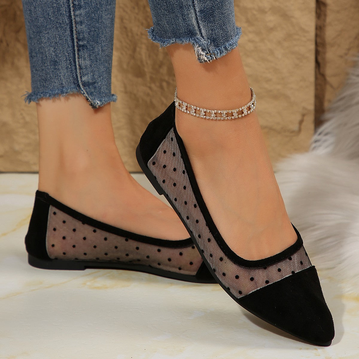 Damen Elegante Ballerinas mit transparentem Tüll und Punkten R&B