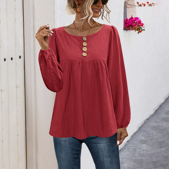 Damen Bluse mit Knopfdetails und voluminösen Ärmeln R&B