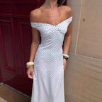 Damen Elegantes Maxikleid mit schulterfreiem Design und punktuellem Muster R&B