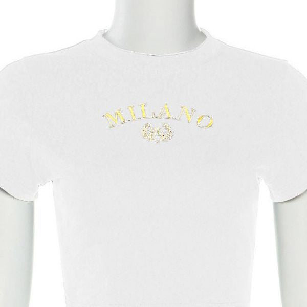 Damen cropped T-Shirt mit gesticktem Schriftzug und rundem Ausschnitt R&B