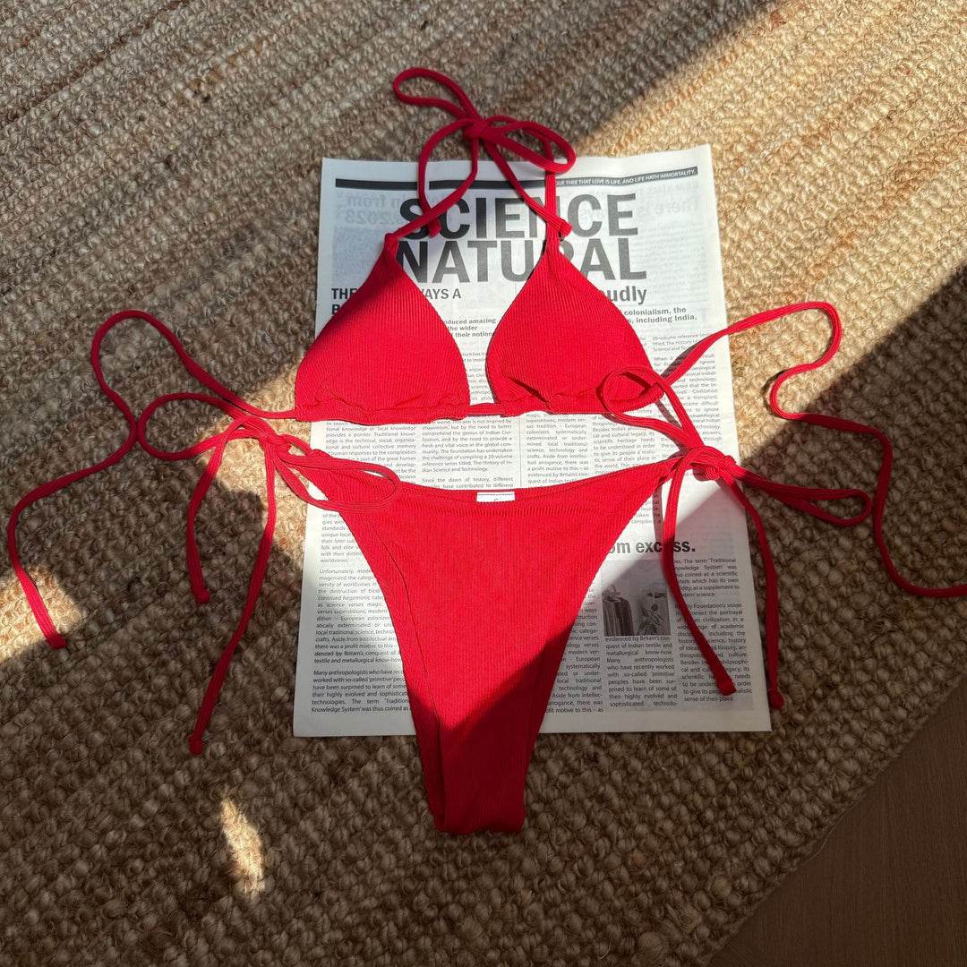 Damen Triangel-Bikini-Set mit verstellbaren Bindebändern und texturiertem Stoff R&B