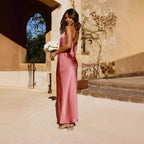Damen Satin Maxikleid mit eleganter V-Form und fließendem Schnitt R&B