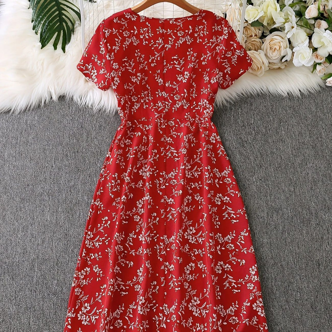 Damen Blusenkleid mit floralen Akzenten und Knopfleiste R&B