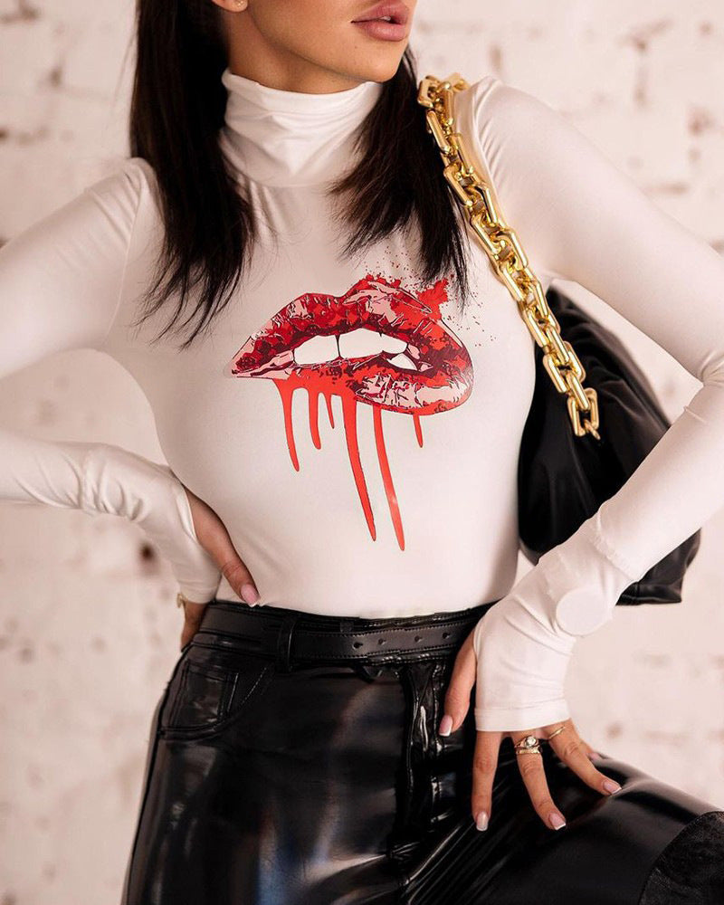 Damen Langärmliger Body mit kreativem Lippen-Motiv R&B