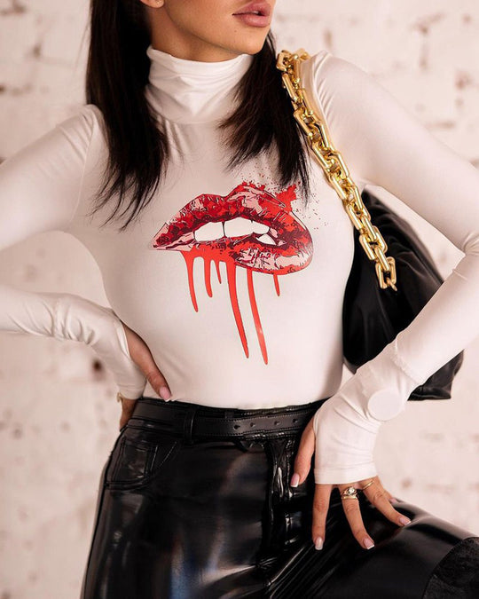 Damen Langärmliger Body mit kreativem Lippen-Motiv R&B