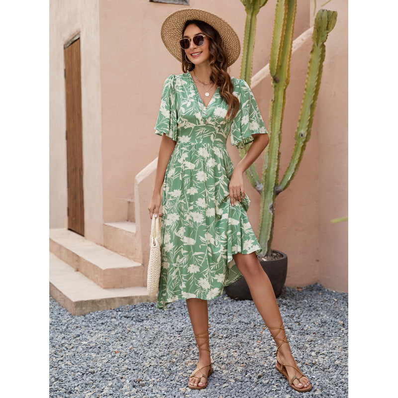 Damen Sommerliches Midikleid mit verspielten Rüschendetails und V-Ausschnitt R&B