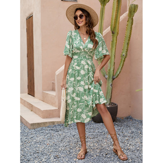 Damen Sommerliches Midikleid mit verspielten Rüschendetails und V-Ausschnitt R&B