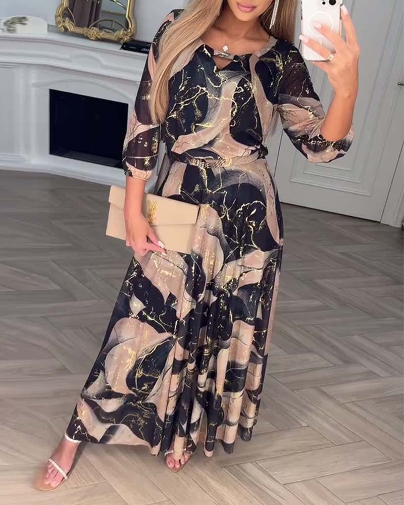 Damen nan Maxikleid mit abstraktem Marmorprint, Chiffon-Overlay, Schlüssel-Loch-Ausschnitt und elastischer Taillenpasse R&B