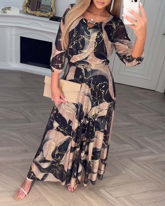 Damen nan Maxikleid mit abstraktem Marmorprint, Chiffon-Overlay, Schlüssel-Loch-Ausschnitt und elastischer Taillenpasse R&B