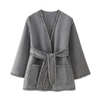 Damen lässiger Cardigan mit praktischen Taschen und eleganter Schnürung R&B
