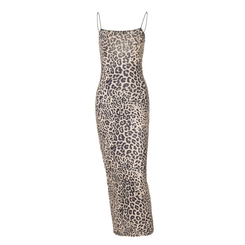 Damen Leoprint Maxikleid mit verstellbaren Spaghetti-Trägern R&B