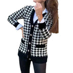 Damen modische Strickjacke mit klassischem Hahnentrittmuster und Knopfdetails R&B