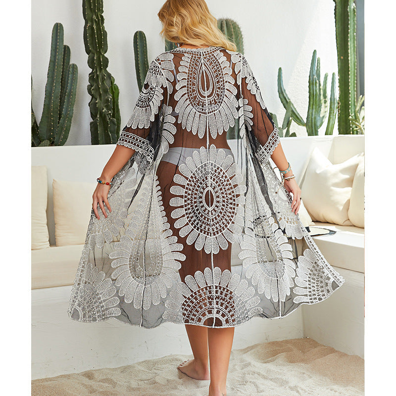 Damen Häkel-Strandüberwurf mit floralen Motiven und lockerem Schnitt R&B