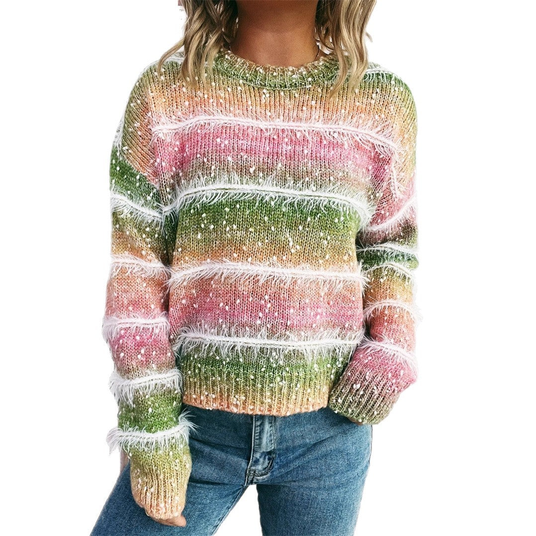 Damen kuscheliger Strickpullover mit fransigen Akzenten und attraktivem Farbverlauf R&B
