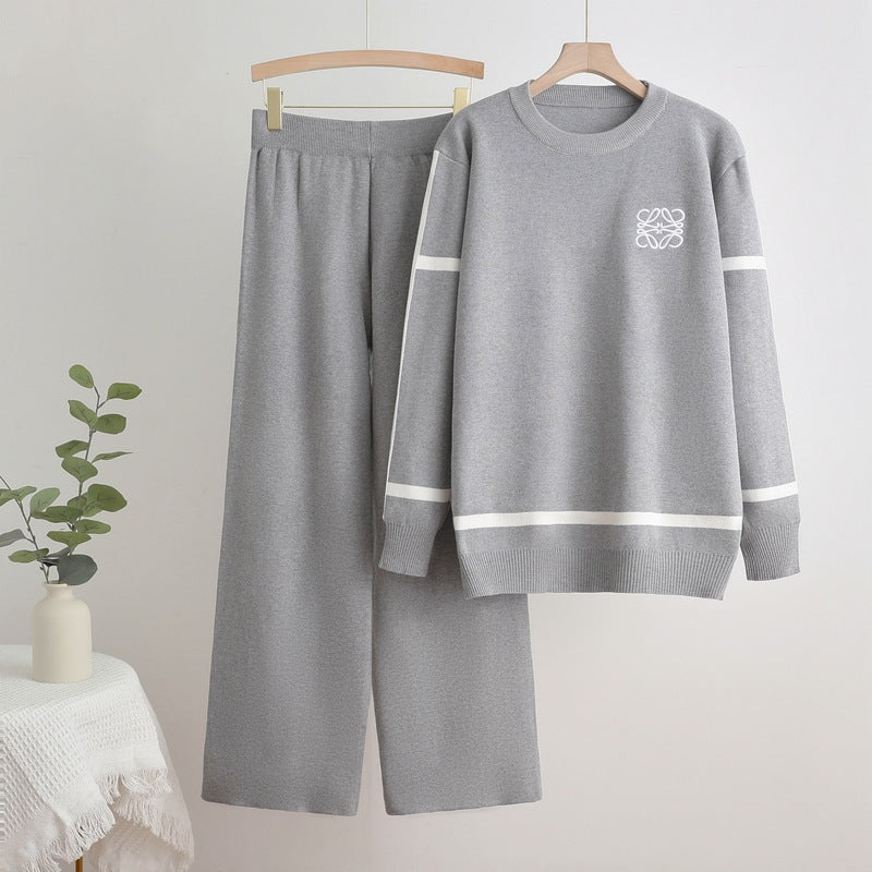Damen modisches Freizeit-Loungewear-Set mit breiten Beinen und dezentem Logo R&B