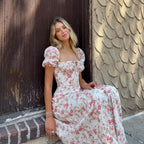 Damen Sommerliches Blumenkleid mit hochgeschlossenem Ausschnitt und Puffärmeln R&B