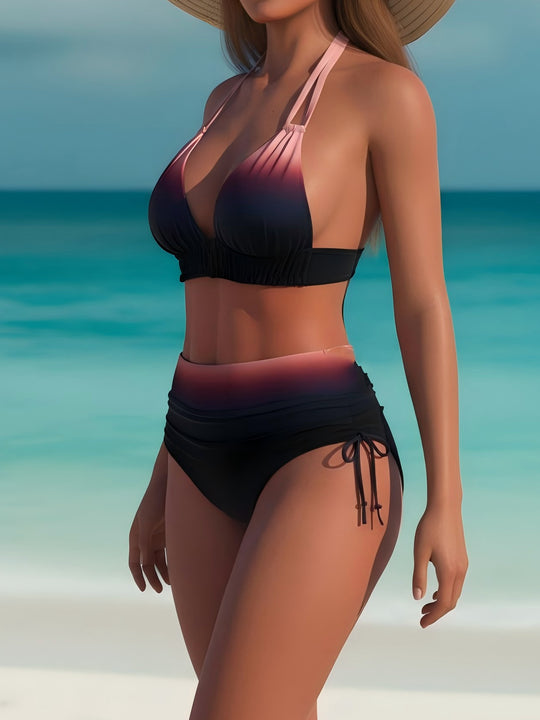 Damen Hochgeschnittener Bikini mit verstellbaren Trägern und farbverlauf R&B