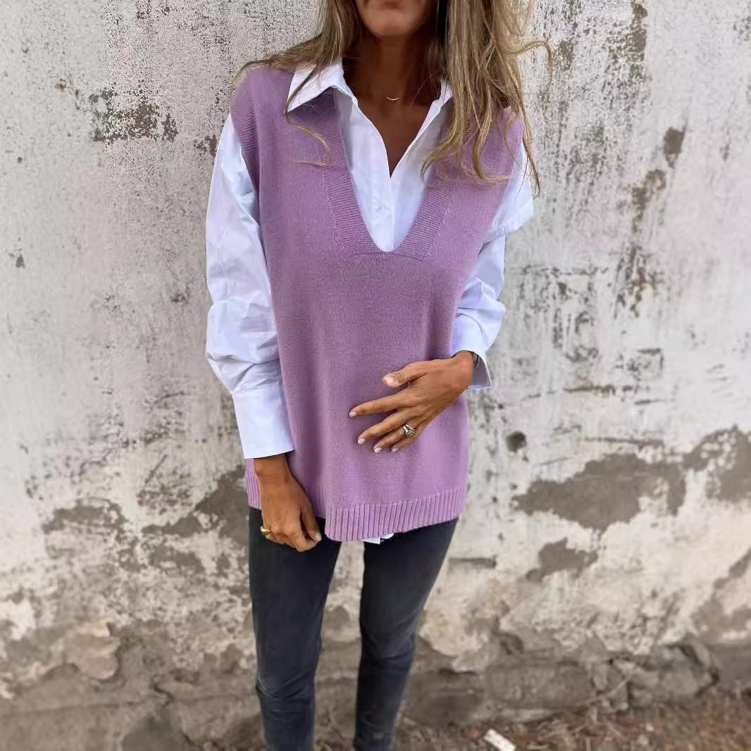 Damen lässiger Strickpullover mit V-Ausschnitt R&B