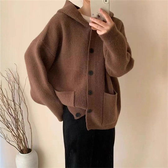 Damen kuschelige Strickjacke mit Kapuze und großen Taschen R&B