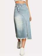 Damen Denim-Midi-Rock mit asymmetrischem Schnitt und fransigem Saum R&B