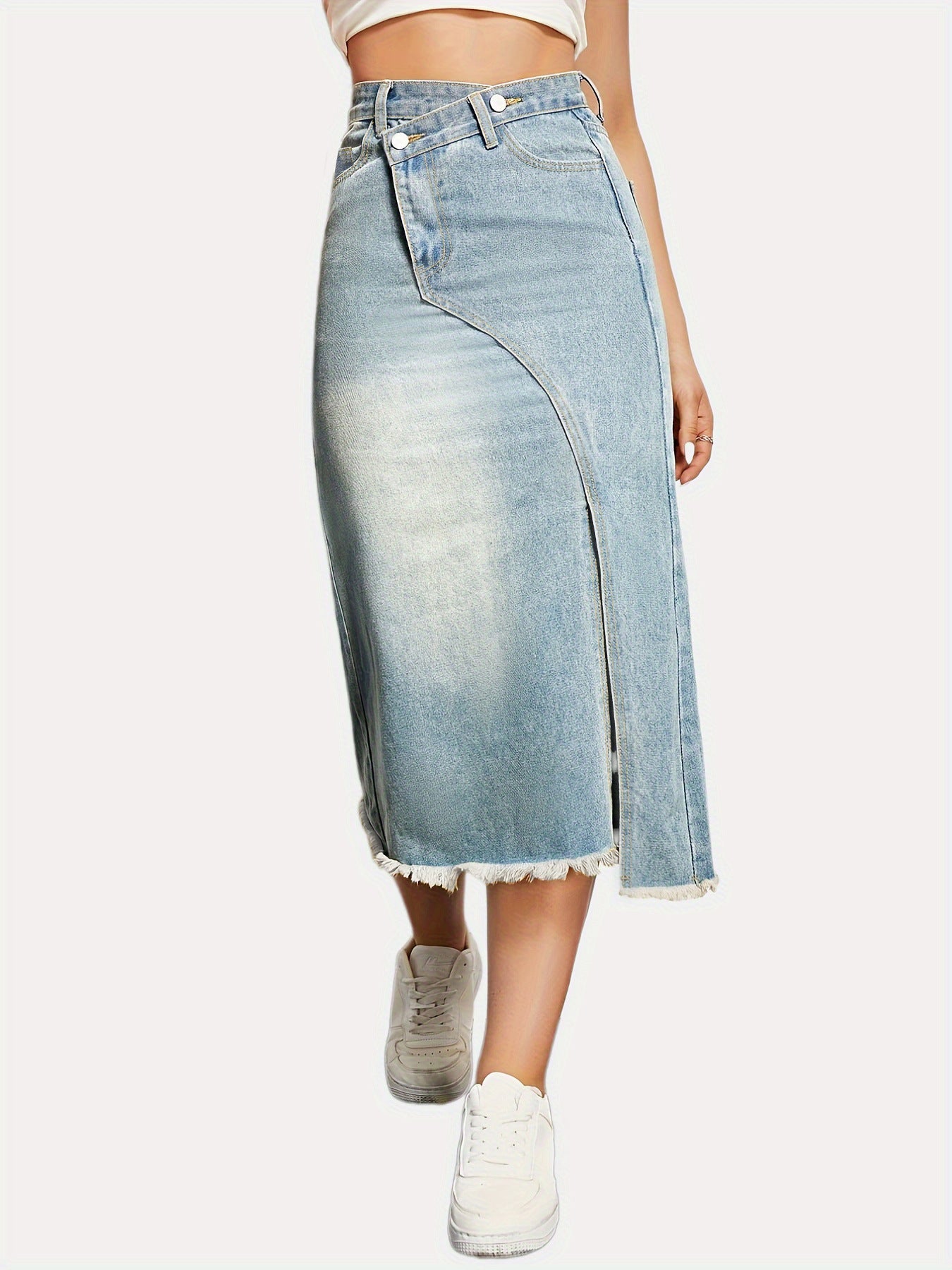 Damen Denim-Midi-Rock mit asymmetrischem Schnitt und fransigem Saum R&B