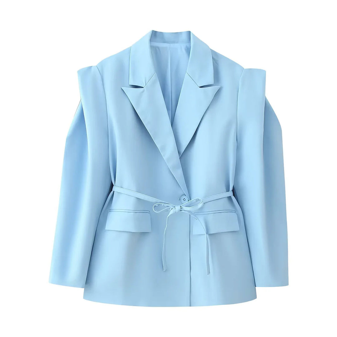 Damen elegante Oversized-Blazerjacke mit Gürtel und Schulterpolstern R&B