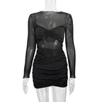 Damen Raffiniertes Minikleid mit transparenten Ärmeln und Rüschendetails