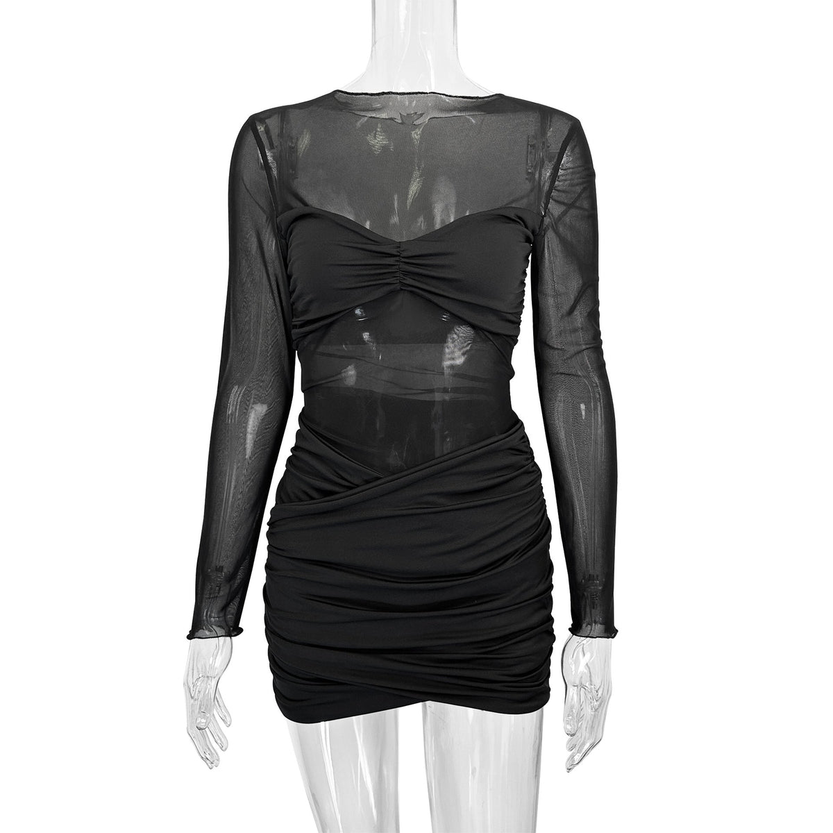 Damen Raffiniertes Minikleid mit transparenten Ärmeln und Rüschendetails