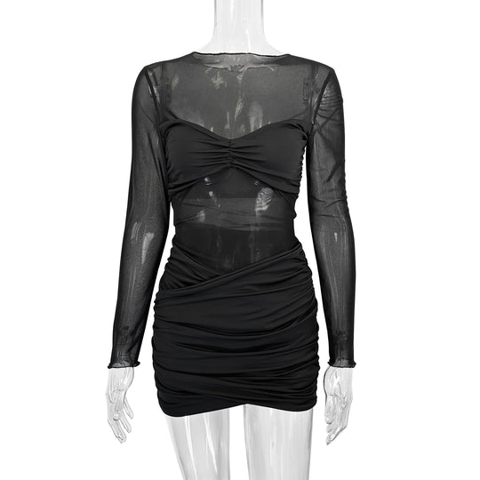 Damen Raffiniertes Minikleid mit transparenten Ärmeln und Rüschendetails R&B