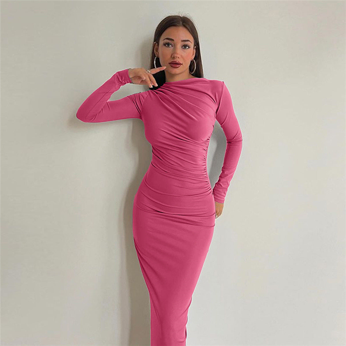 Damen figurbetontes Langarmkleid mit raffiniertem Drapierungseffekt R&B