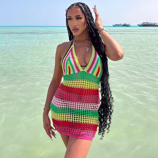 Damen gehäkeltes Strandkleid mit tiefem V-Ausschnitt und buntem Streifenmuster R&B