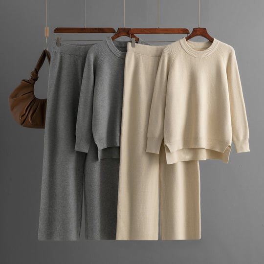 Damen lässiges Strick-Lounge-Set mit weitem Oberteil und bequemen Hosen R&B