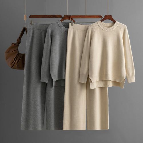 Damen lässiges Strick-Lounge-Set mit weitem Oberteil und bequemen Hosen R&B