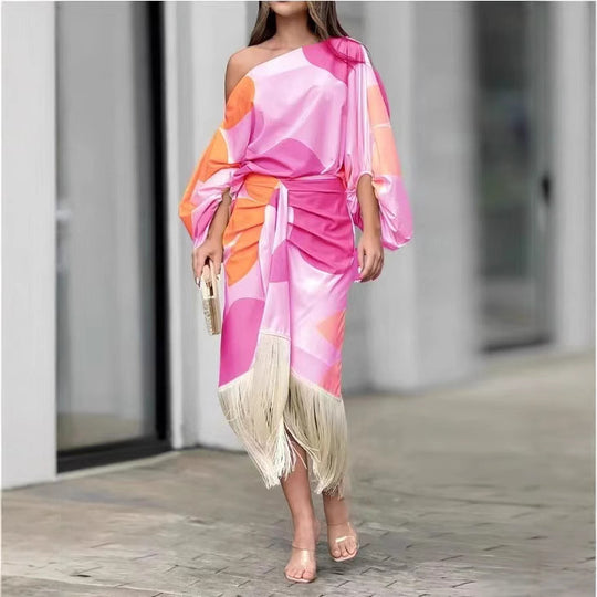 Damen nan schulterfreies drapiertes Midikleid mit geraffter Wickel-Taille und Fransensaum R&B