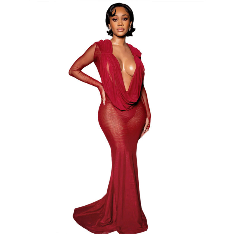 Damen Elegantes Off-Shoulder Maxikleid mit tiefem V-Ausschnitt R&B
