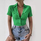 Damen Kurzarm Bluse mit strukturiertem Material und V-Ausschnitt R&B