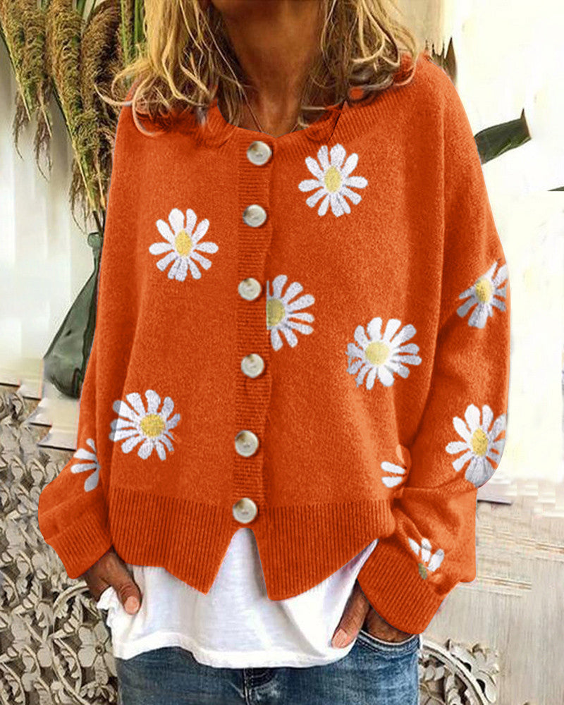 Damen Casual Strickjacke mit Blumendruck und Knopfdetails R&B