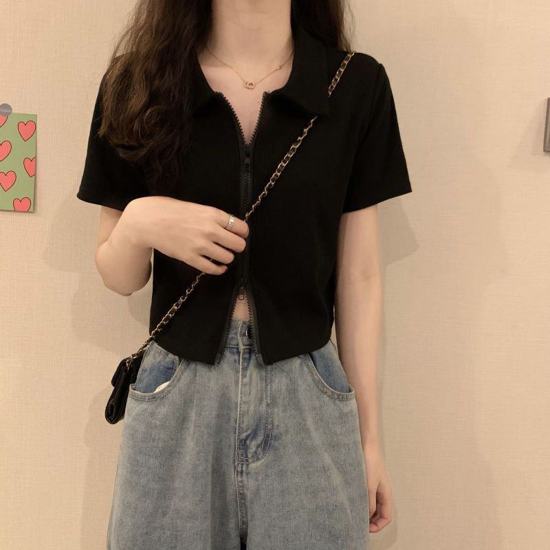 Damen Cropped Poloshirt mit Reißverschluss und strukturierter Textur R&B